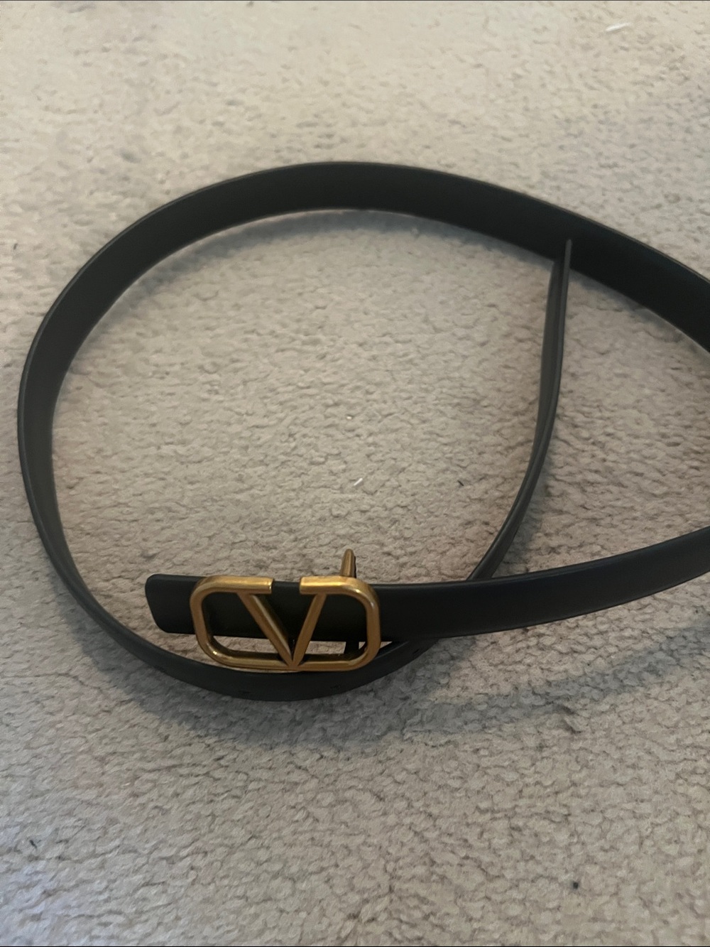 Valentino Black Leather Belt with Gold V Buckle